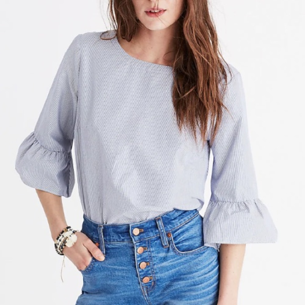 NWT Madewell Bell-Sleeve Top | Blue/White Pinstripe | XL